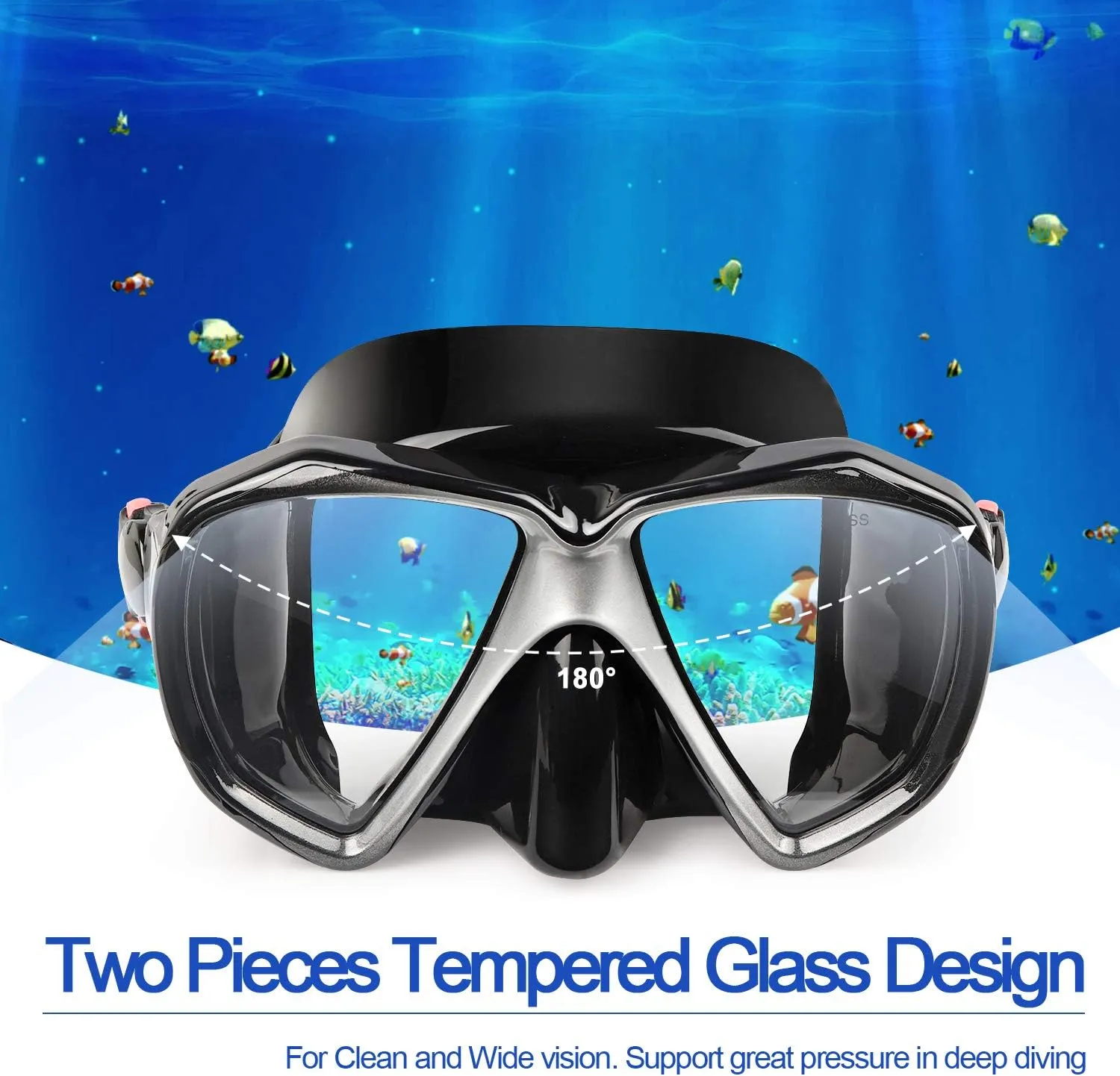 Snorkel Diving Mask Panoramic HD Swim Mask, Anti-Fog Scuba Diving Goggles,Tempered Glass Dive Mask Adult Youth Swim Goggles with Nose Cover for Diving, Snorkeling, Swimming
