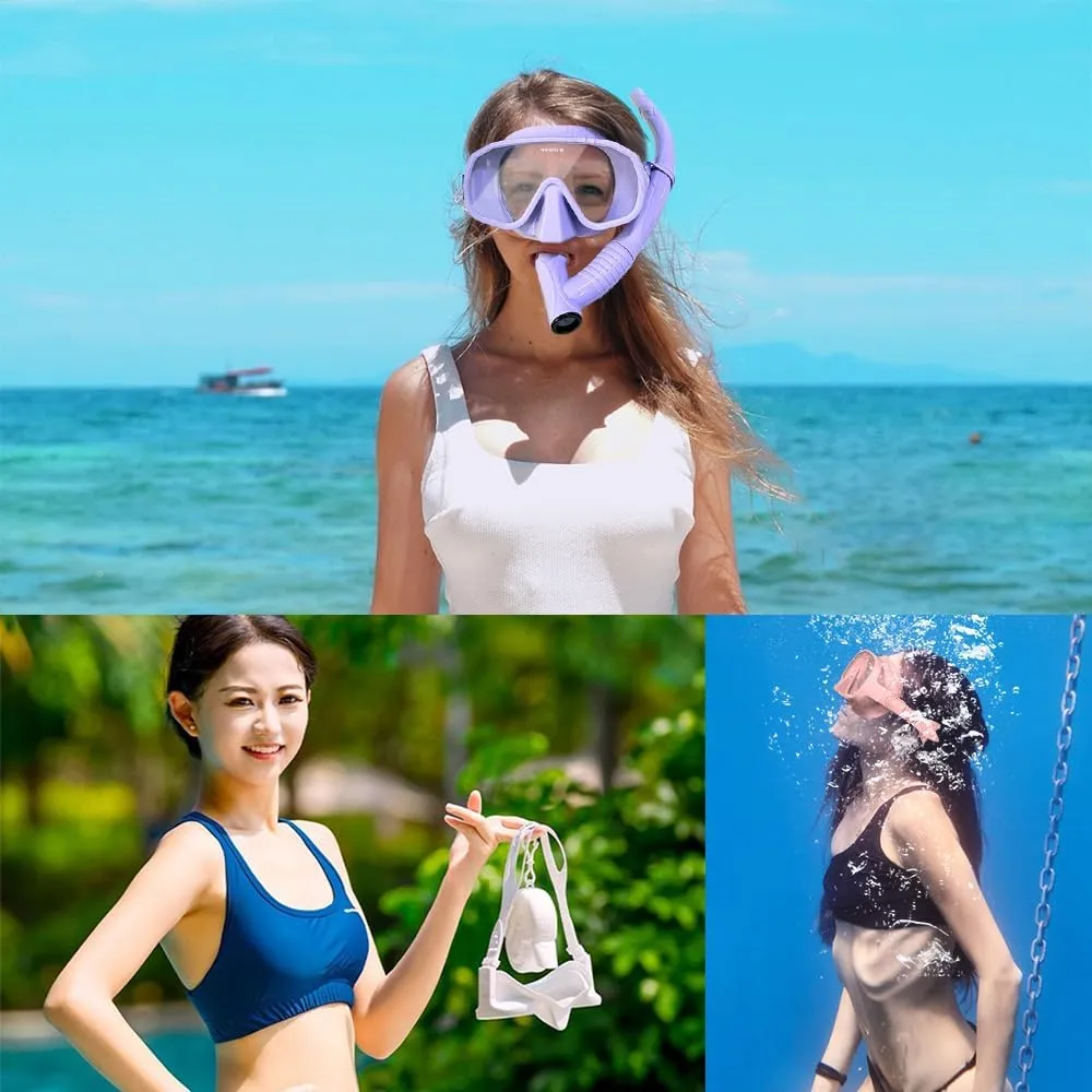 Snorkel Set Adults, Snorkeling Gear Adults with 180°Tempered Glass, Anti-Fog Frameless Snorkel Mask Set, Adjustable Snorkeling Mask for Snorkel Scuba Diving Swimming Travel
