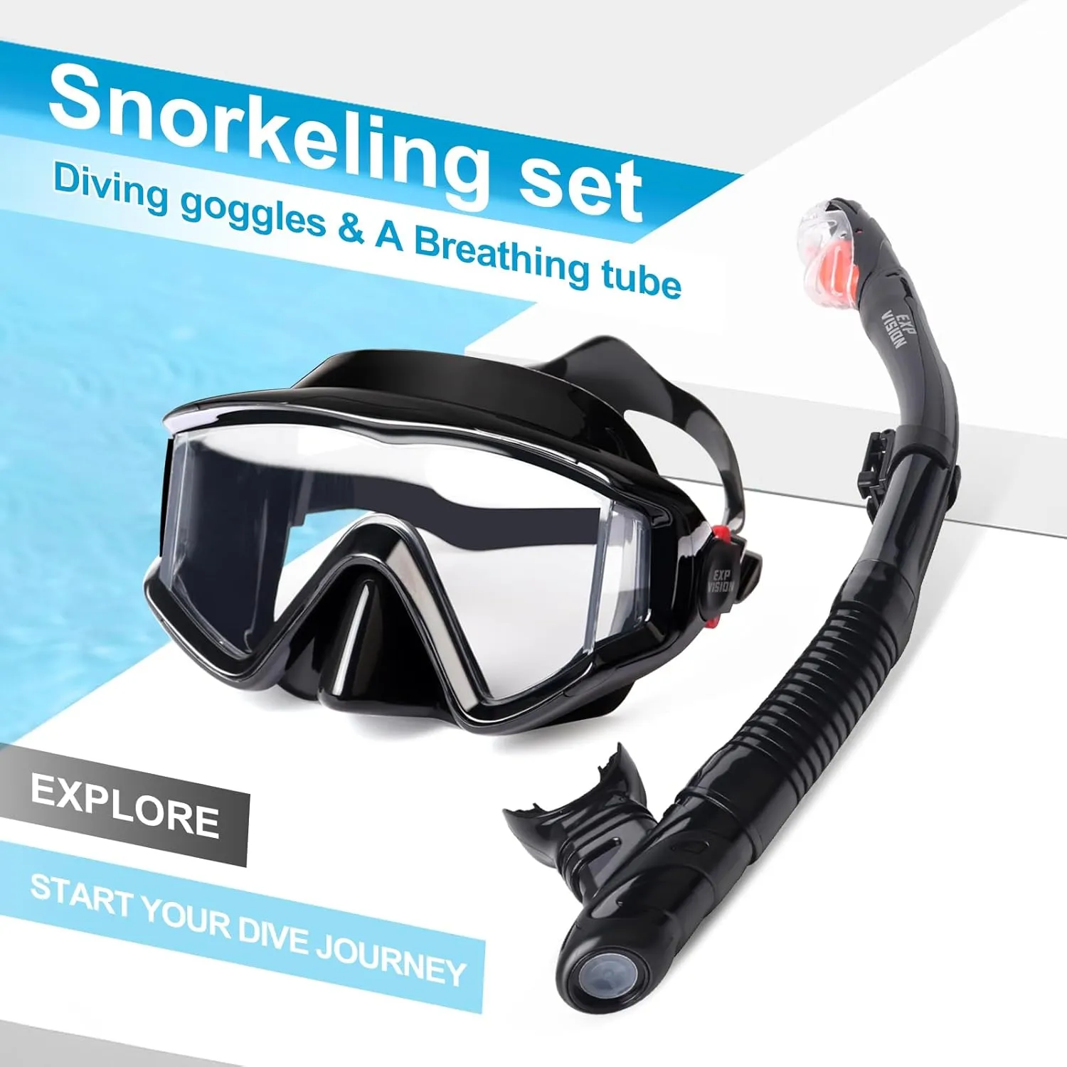 Snorkel Set Pano 3 Window Adult Snorkeling Gear, Professional Snorkel Goggles Anti-Fog Diving Mask, Anti-Leak Swim Goggles and Dry Top Snorkel for Diving, Snorkeling, Swimming