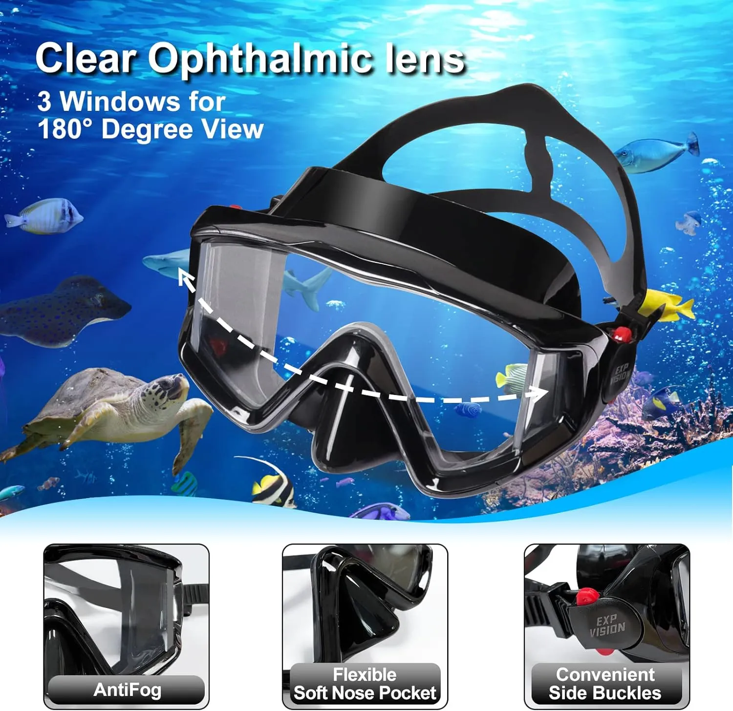 Snorkel Set Pano 3 Window Adult Snorkeling Gear, Professional Snorkel Goggles Anti-Fog Diving Mask, Anti-Leak Swim Goggles and Dry Top Snorkel for Diving, Snorkeling, Swimming