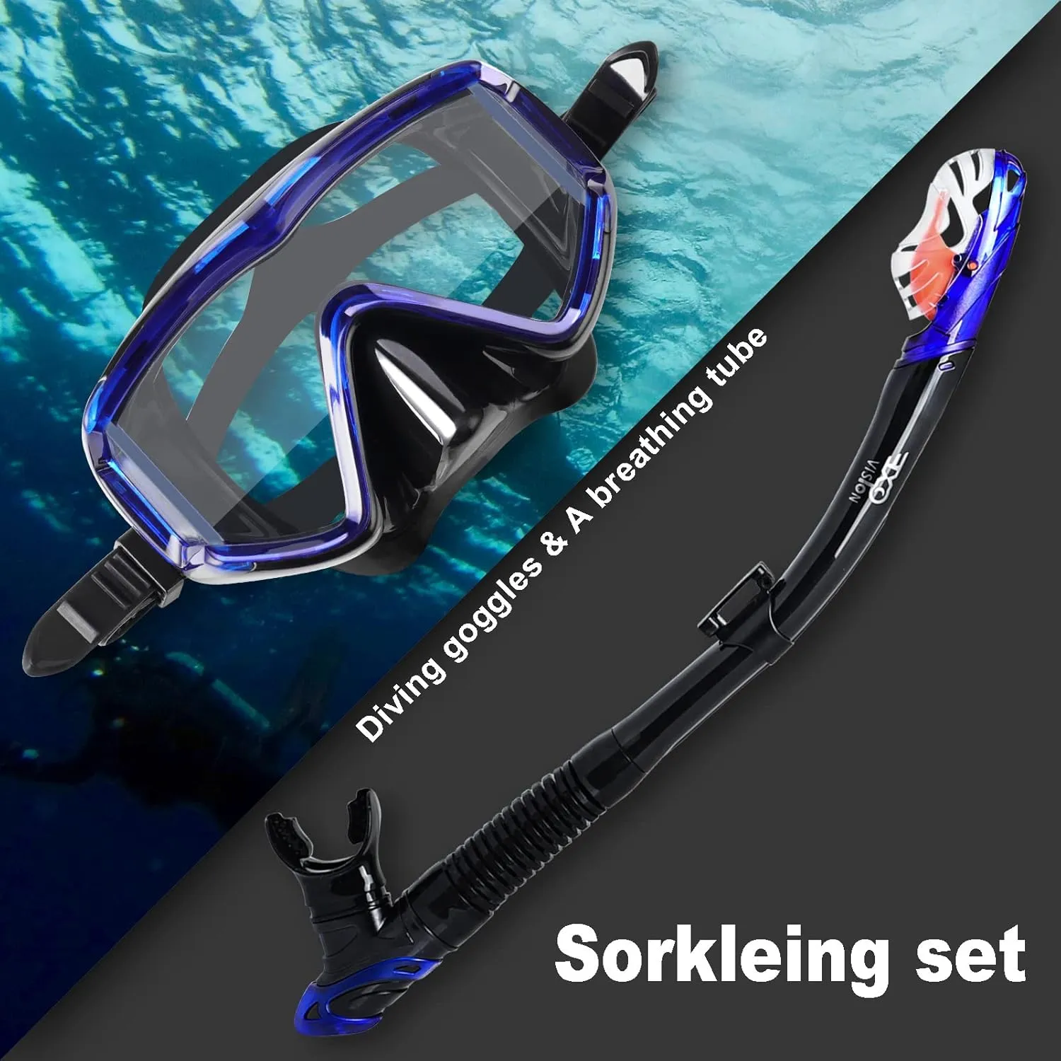 Snorkel Set Pano 3 Window Adult Snorkeling Gear, Professional Snorkel Goggles Anti-Fog Diving Mask, Anti-Leak Swim Goggles and Dry Top Snorkel for Diving, Snorkeling, Swimming