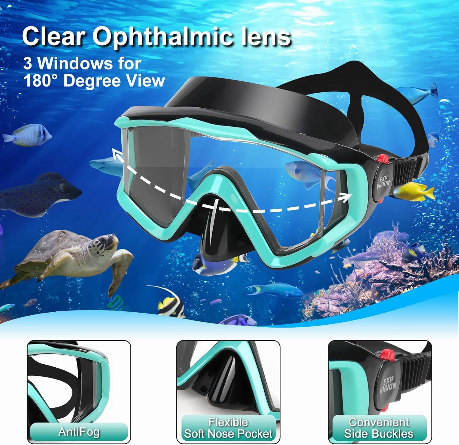Snorkel Set Pano 3 Window Adult Snorkeling Gear, Professional Snorkel Goggles Anti-Fog Diving Mask, Anti-Leak Swim Goggles and Dry Top Snorkel for Diving, Snorkeling, Swimming