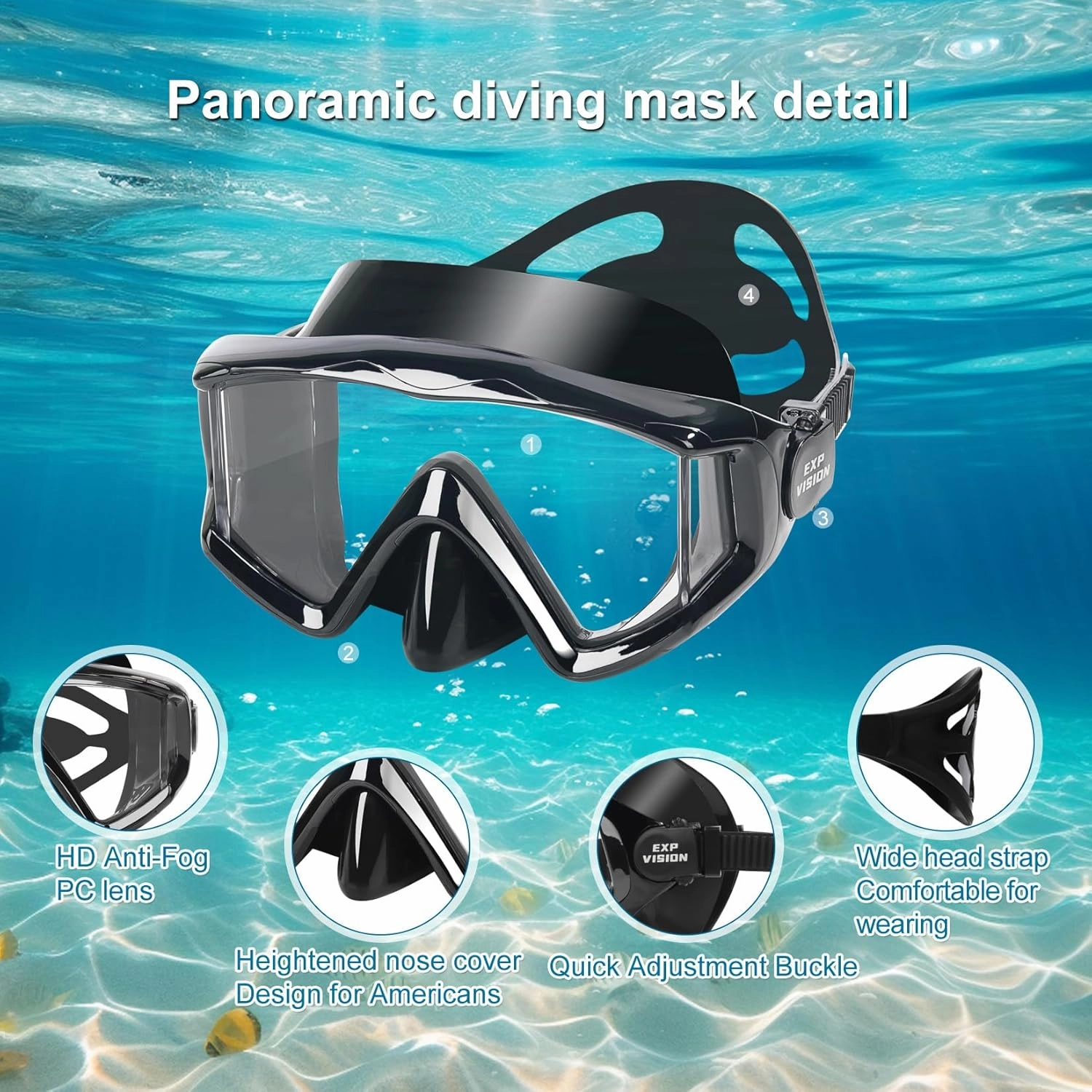 Snorkel Set Pano 3 Window Adult Snorkeling Gear, Professional Snorkel Goggles Anti-Fog Diving Mask, Anti-Leak Swim Goggles and Dry Top Snorkel for Diving, Snorkeling, Swimming