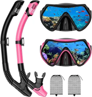 Snorkeling Gear for Adults, Adult Snorkel Mask Set Scuba Diving Dry-Top, Swimming Goggles w/Nose Cover, HD Tempered Glass Panoramic Anti-Leak Anti-Fog, Travel Snorkeling Packages Storage Bag