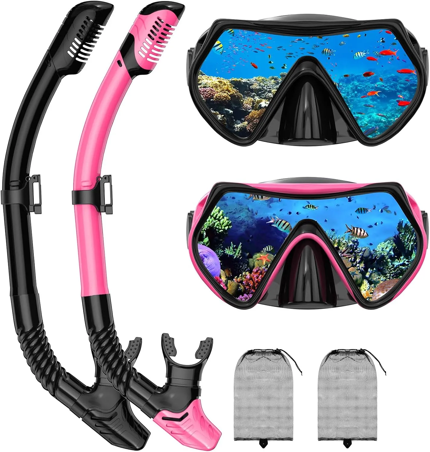 Snorkeling Gear for Adults, Adult Snorkel Mask Set Scuba Diving Dry-Top, Swimming Goggles w/Nose Cover, HD Tempered Glass Panoramic Anti-Leak Anti-Fog, Travel Snorkeling Packages Storage Bag