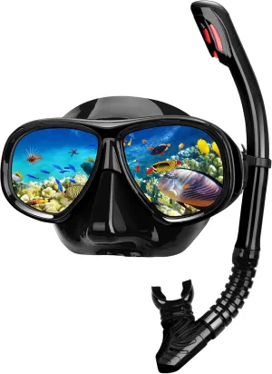 Snorkeling Gear for Adults, Snorkel Mask Adult Set Wide View Scuba Mask Anti-Leak and Anti-Fog Tempered Glass Lens Dry Top Mask Nose Cover for Youth (Black)