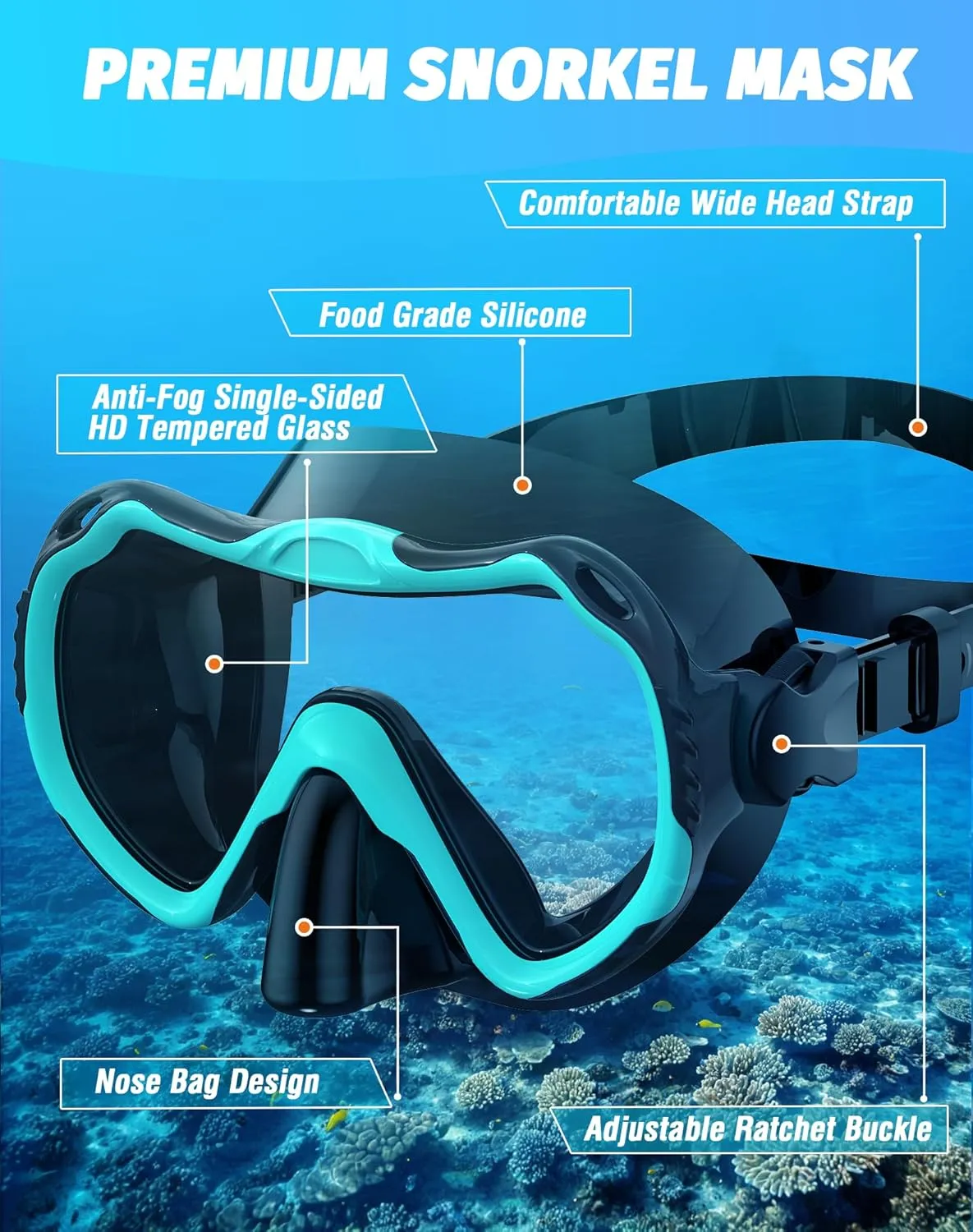 Snorkeling Gear for Adults, Snorkel Mask Set 180° Panoramic View Snorkel Gear, 100% Food-Grade Silicone Anti-Fog Anti-Leak Dry Top Diving Mask for Snorkeling Swimming Scuba Diving