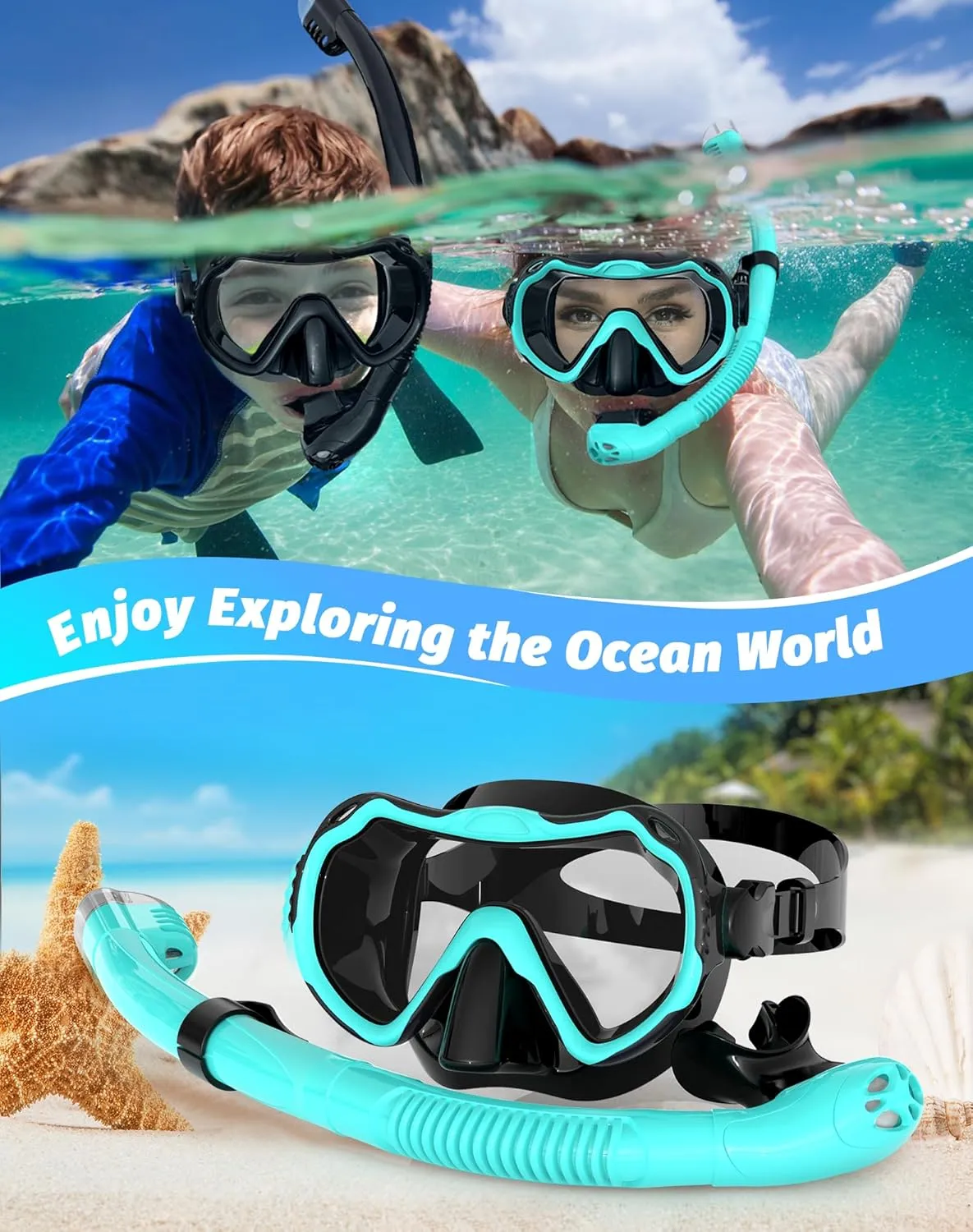 Snorkeling Gear for Adults, Snorkel Mask Set 180° Panoramic View Snorkel Gear, 100% Food-Grade Silicone Anti-Fog Anti-Leak Dry Top Diving Mask for Snorkeling Swimming Scuba Diving