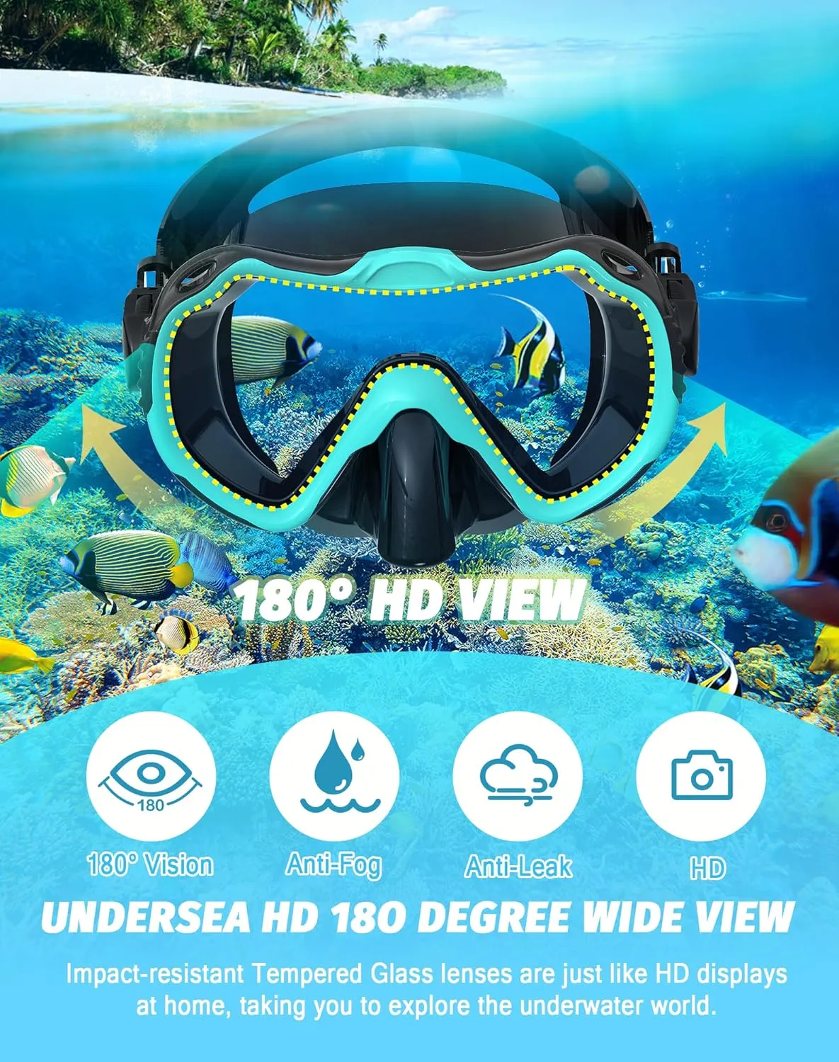 Snorkeling Gear for Adults, Snorkel Mask Set 180° Panoramic View Snorkel Gear, 100% Food-Grade Silicone Anti-Fog Anti-Leak Dry Top Diving Mask for Snorkeling Swimming Scuba Diving