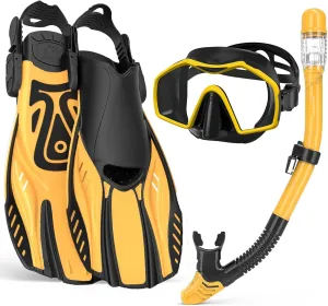 Snorkeling Gear for Adults,Mask Fins Snorkel Set,Panoramic View Diving Mask Anti-Fog,Dry Snorkel,Adjustable Swim Flippers and Travel Bag,Adults Snorkel Gear for Swimming Snorkeling Diving