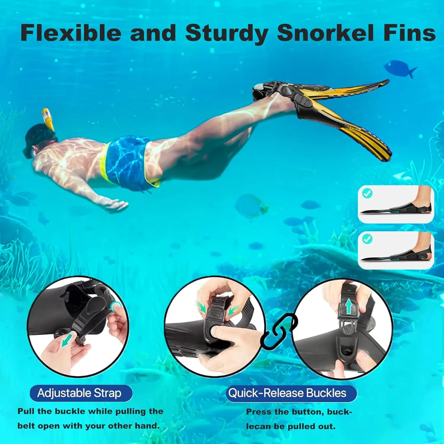 Snorkeling Gear for Adults,Mask Fins Snorkel Set,Panoramic View Diving Mask Anti-Fog,Dry Snorkel,Adjustable Swim Flippers and Travel Bag,Adults Snorkel Gear for Swimming Snorkeling Diving