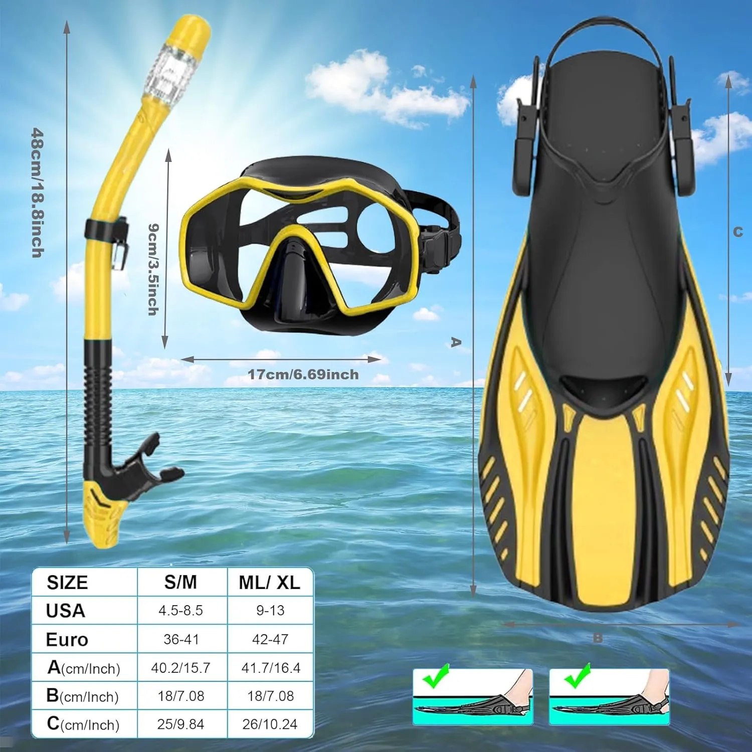 Snorkeling Gear for Adults,Mask Fins Snorkel Set,Panoramic View Diving Mask Anti-Fog,Dry Snorkel,Adjustable Swim Flippers and Travel Bag,Adults Snorkel Gear for Swimming Snorkeling Diving