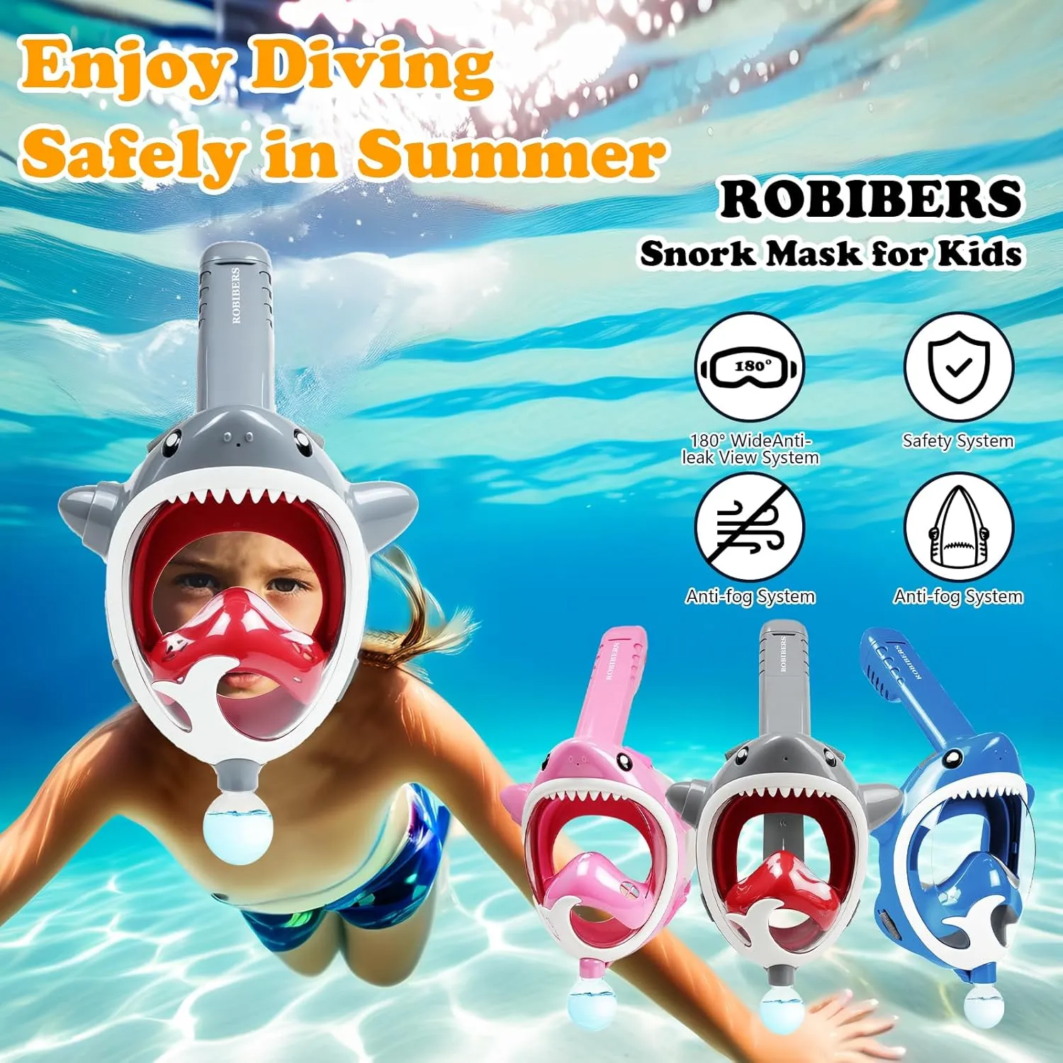 Snorkeling Gear for Kids with Water Blaster, Full Face Snorkel Mask Kids Check Valve Safe Breathing, 180 Degree Panoramic View Child Snorkel Mask, Children Snorkel Set for Ages 6-14