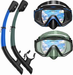 Snorkeling Gear for Adults, Dry Top Snorkel Mask Set 2 Pack Scuba Diving Mask Snorkel Gear Anti Fog Snorkeling Packages Tempered Glass Panoramic View Nose Cover