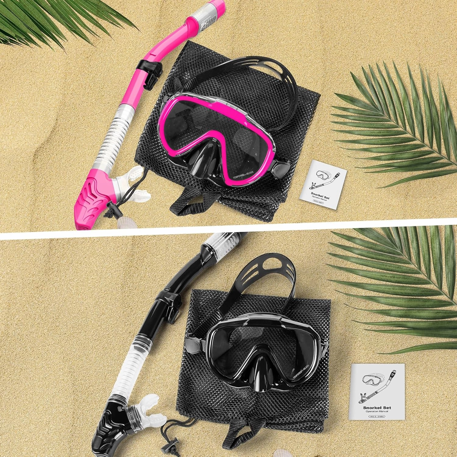 Snorkeling Gear for Adults, Dry Top Snorkel Set with Panoramic Anti-Leak and Anti-Fog Tempered Glass Lens, Adjustable Snorkeling Set for Scuba Diving Swimming Training Snorkel Kit