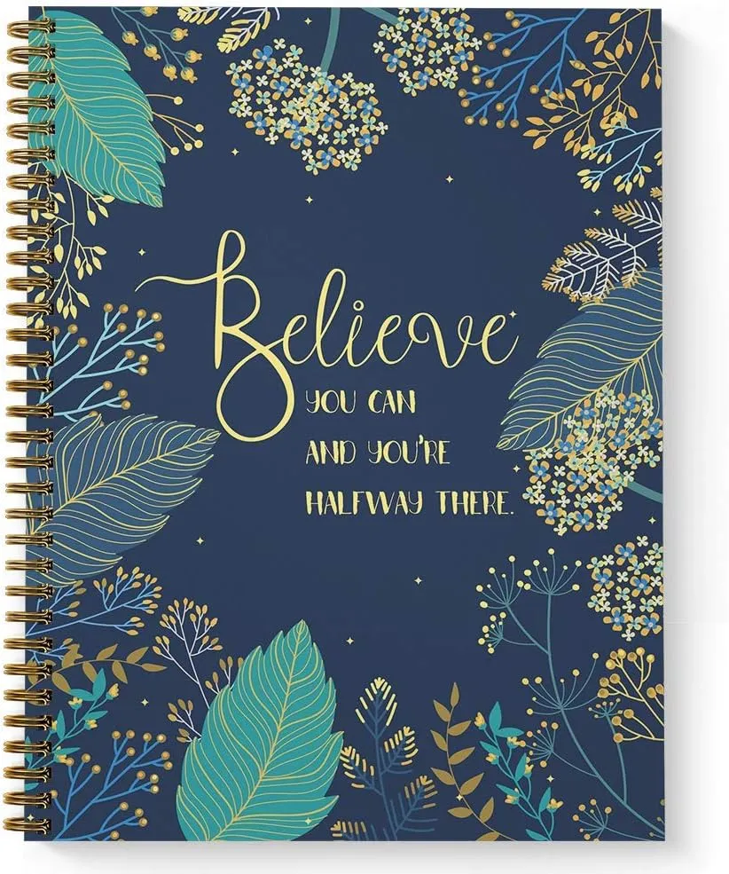Softcover Believe You Can 8.5" x 11" Motivational Dot Grid Journal/Spiral Notebook, 120 Dot Grid Pages, Durable Gloss Laminated Cover, Gold Wire-o Spiral. Made in the USA