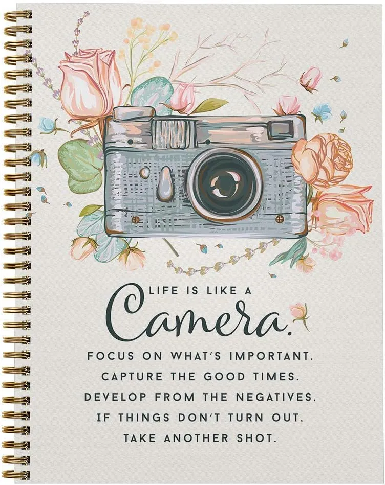 Softcover Camera 8.5" x 11" Motivational Spiral Notebook/Journal, 120 College Ruled Pages, Durable Gloss Laminated Cover, Gold Wire-o Spiral. Made in the USA