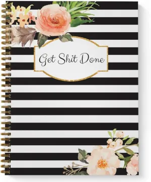 Softcover Classic Floral Get Stuff Done 8.5" x 11" Motivational Spiral Notebook/Journal, 120 Checklist Pages, Durable Gloss Laminated Cover, Gold Wire-o Spiral. Made in the USA