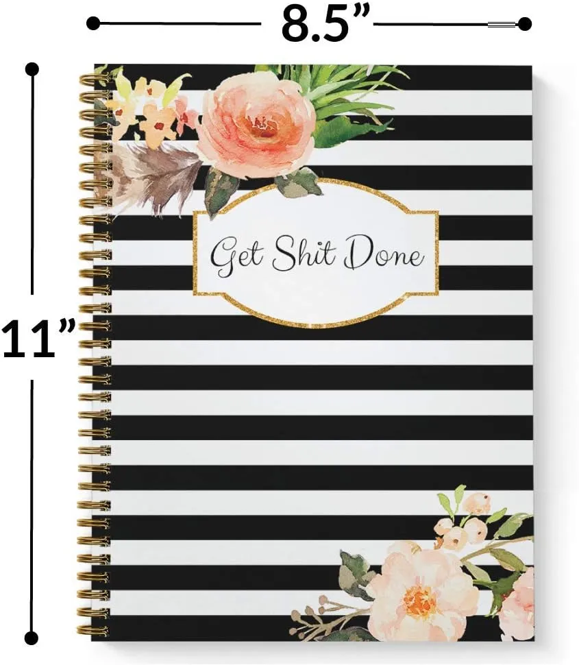 Softcover Classic Floral Get Stuff Done 8.5" x 11" Motivational Spiral Notebook/Journal, 120 Checklist Pages, Durable Gloss Laminated Cover, Gold Wire-o Spiral. Made in the USA
