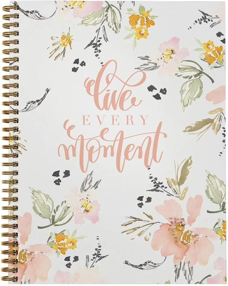 Softcover Live Every Moment 8.5" x 11" Motivational Spiral Notebook/Journal, 120 College Ruled Pages, Durable Gloss Laminated Cover, Gold Wire-o Spiral. Made in The USA