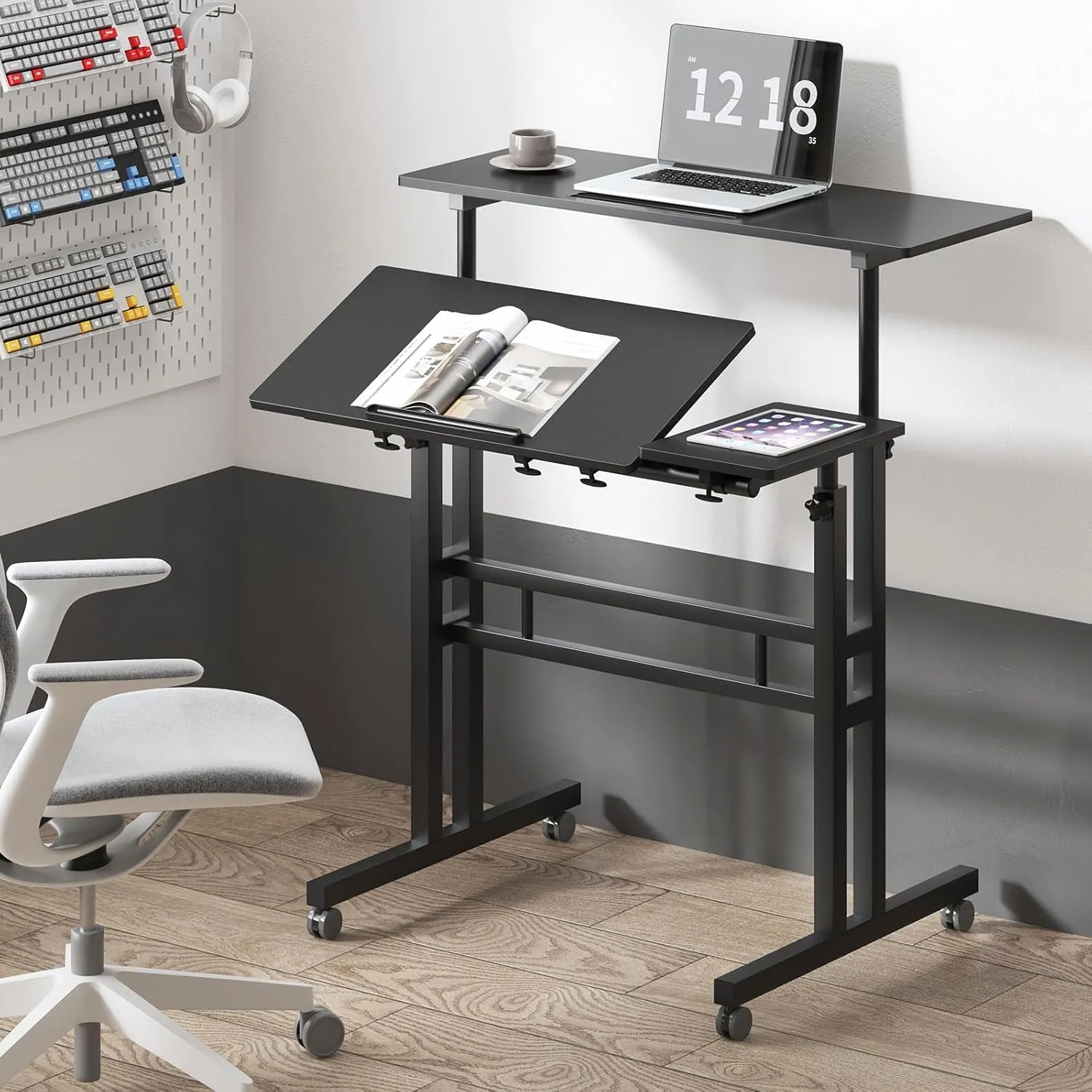 soges Mobile Laptop Sit-Stand Desk, Height Adjustable Standing Tiltable Top Desk, 31.5 inch Stand Up Computer Desk for Home Office, Small Rolling Desk for Small Space, Black ZS-101-2BK