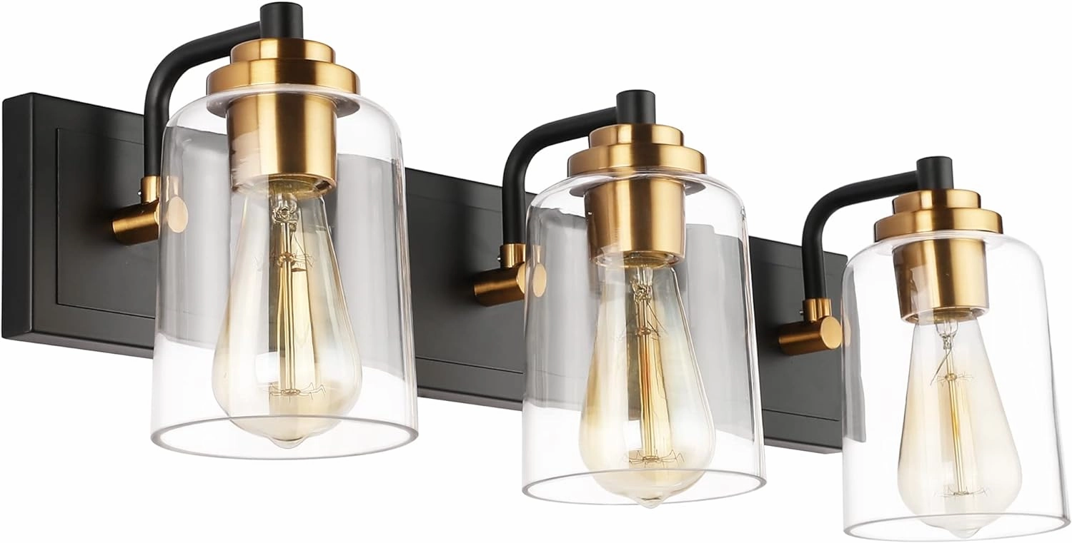 SOLFART Bathroom Vanity Light 3-Light Light fixtures for Bathroom Above Mirror Bathroom Lights fixtures Over Mirror in Black Brass Wall Sconces