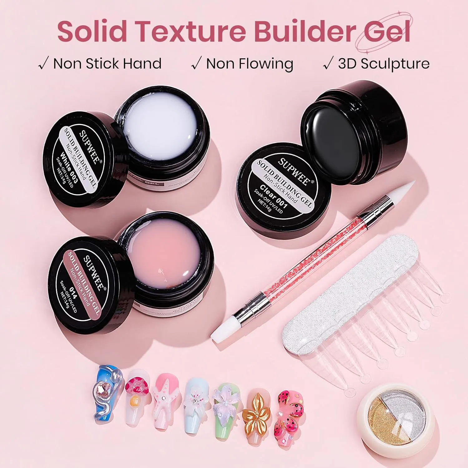 Solid Builder Gel for Nails Clear Nude White 3D Sculpture Nail Art Hard Gel with Chrome Powder for Carving Patterns Decoration Home Manicure DIY for Women