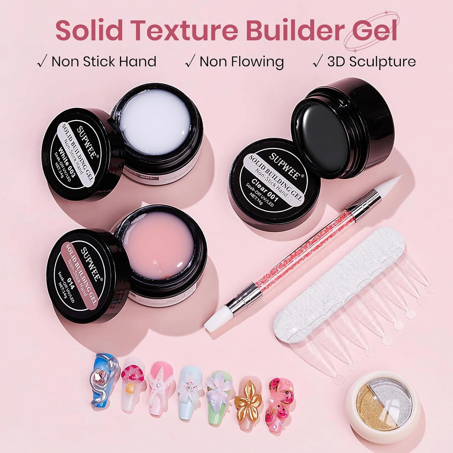 Solid Builder Gel for Nails Clear Nude White 3D Sculpture Nail Art Hard Gel with Chrome Powder for Carving Patterns Decoration Home Manicure DIY for Women