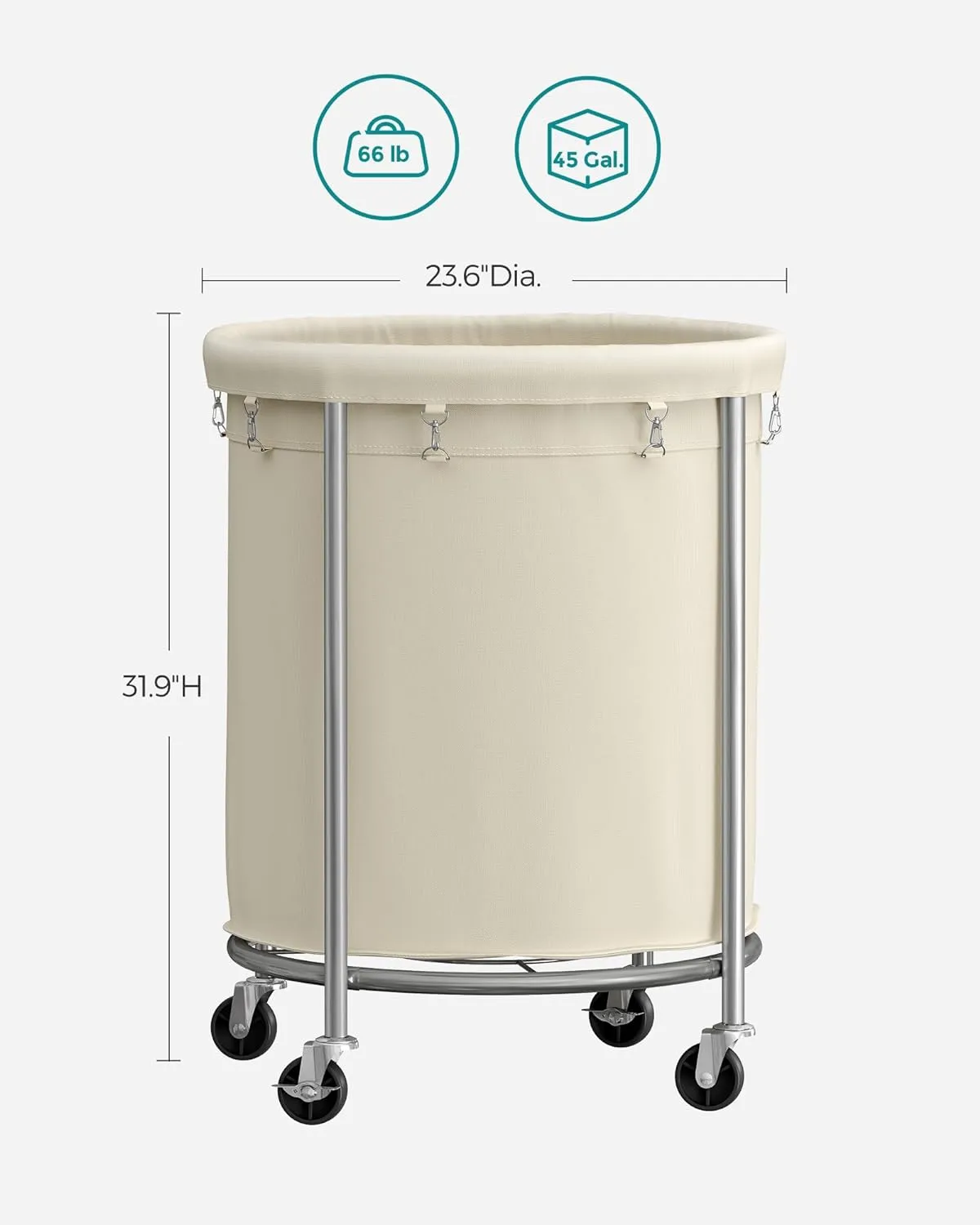 SONGMICS Laundry Basket with Wheels, Rolling Laundry Hamper, 45 Gal., Round Laundry Cart with Steel Frame and Removable Bag, 4 Casters and 2 Brakes, Cream and Silver URLS01MZ