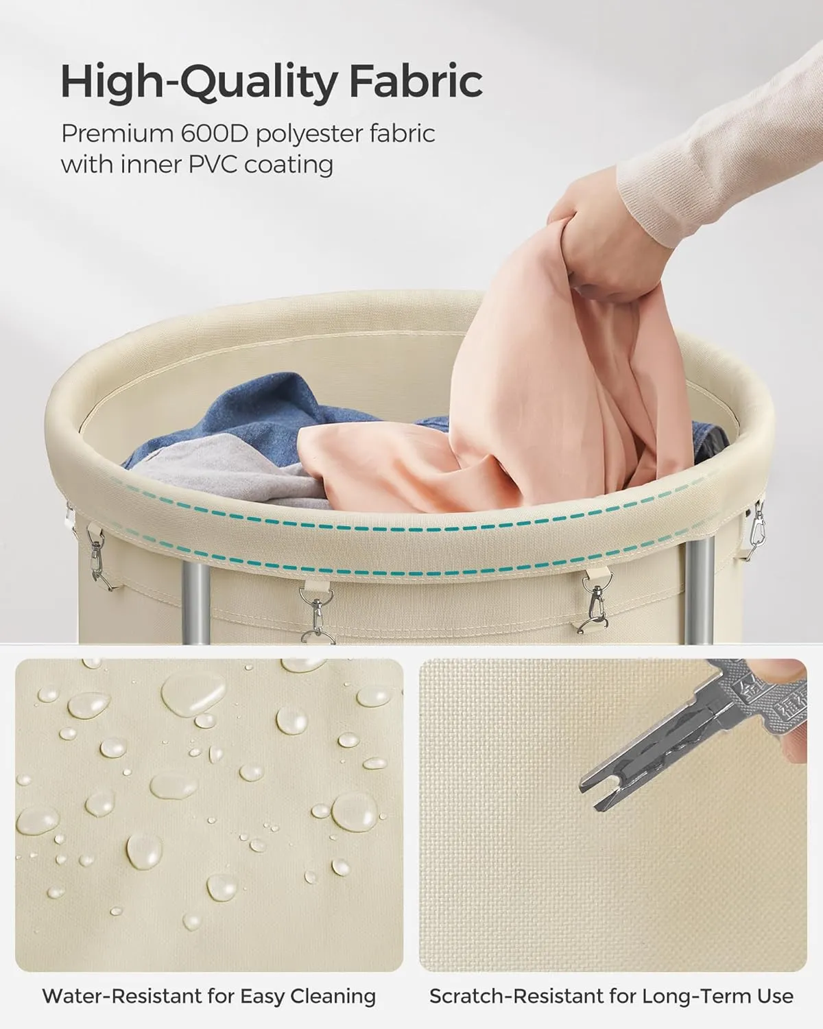 SONGMICS Laundry Basket with Wheels, Rolling Laundry Hamper, 45 Gal., Round Laundry Cart with Steel Frame and Removable Bag, 4 Casters and 2 Brakes, Cream and Silver URLS01MZ