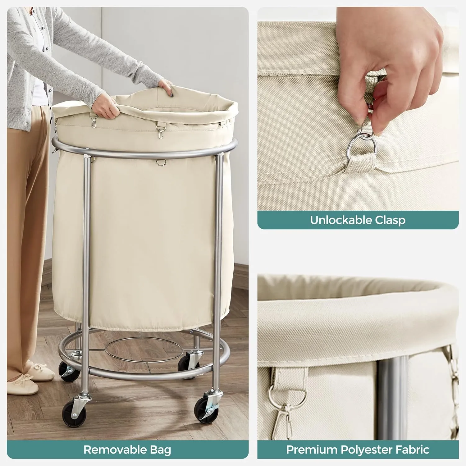 SONGMICS Laundry Basket with Wheels, Rolling Laundry Hamper, 45 Gal., Round Laundry Cart with Steel Frame and Removable Bag, 4 Casters and 2 Brakes, Cream and Silver URLS01MZ