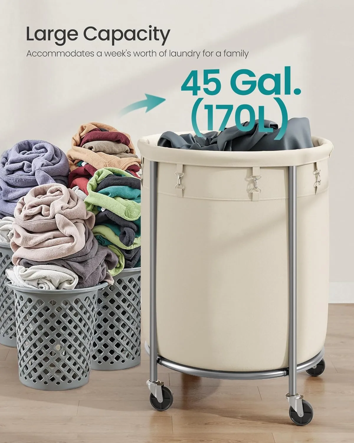 SONGMICS Laundry Basket with Wheels, Rolling Laundry Hamper, 45 Gal., Round Laundry Cart with Steel Frame and Removable Bag, 4 Casters and 2 Brakes, Cream and Silver URLS01MZ