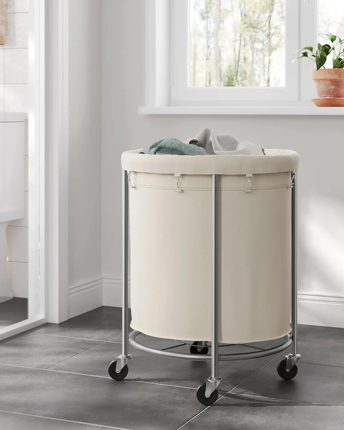 SONGMICS Laundry Basket with Wheels, Rolling Laundry Hamper, 45 Gal., Round Laundry Cart with Steel Frame and Removable Bag, 4 Casters and 2 Brakes, Cream and Silver URLS01MZ