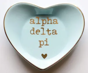 Sorority Shop Alpha Delta Pi Jewelry Dish - Heart-Shaped High-gloss finish Ceramic tray with Gold Detailing, Multi-Function Ceramic Ring Dish for Home or Office, Ideal for Jewelry and Keys