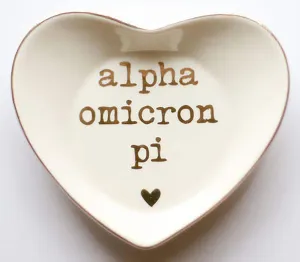 Sorority Shop Alpha Omicron Pi Jewelry Dish - Heart-Shaped High-gloss finish Ceramic tray with Gold Detailing, Multi-Function Ceramic Ring Dish for Home or Office, Ideal for Jewelry and Keys