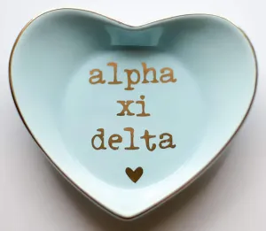 Sorority Shop Alpha Xi Delta Jewelry Dish - Heart-Shaped High-gloss finish Ceramic tray with Gold Detailing, Multi-Function Ceramic Ring Dish for Home or Office, Ideal for Jewelry and Keys