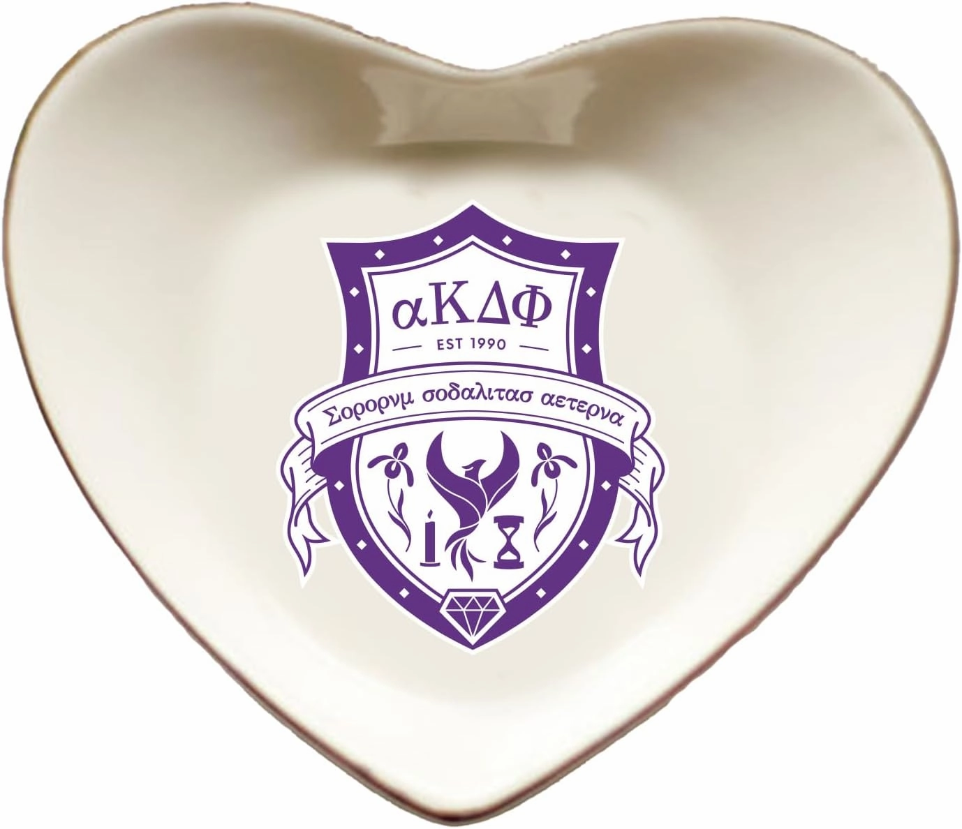 Sorority Shop Alpha Kappa Delta Phi Jewelry Dish - Heart-Shaped High-gloss finish Ceramic tray with Gold Detailing, Multi-Function Ceramic Ring Dish for Home or Office, Ideal for Jewelry and Keys