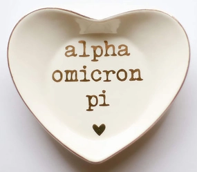 Sorority Shop Alpha Omicron Pi Jewelry Dish - Heart-Shaped High-gloss finish Ceramic tray with Gold Detailing, Multi-Function Ceramic Ring Dish for Home or Office, Ideal for Jewelry and Keys