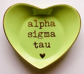 Sorority Shop Alpha Sigma Tau Jewelry Dish - Heart-Shaped High-gloss finish Ceramic tray with Gold Detailing, Multi-Function Ceramic Ring Dish for Home or Office, Ideal for Jewelry and Keys