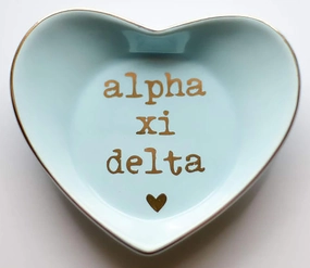 Sorority Shop Alpha Xi Delta Jewelry Dish - Heart-Shaped High-gloss finish Ceramic tray with Gold Detailing, Multi-Function Ceramic Ring Dish for Home or Office, Ideal for Jewelry and Keys