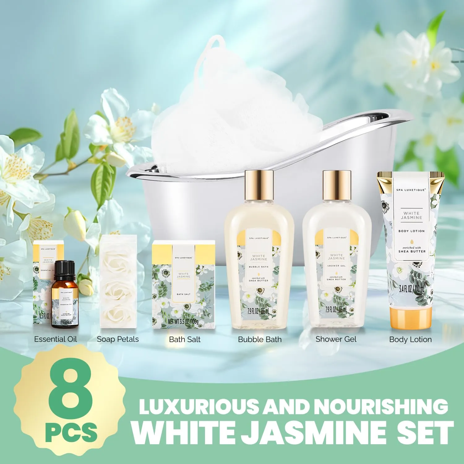 Spa luxetique Bath and Body Gifts for Women 8pcs Jasmine Scented Spa Sets with Bubble Bath Gift Baskets for Women Mother's Day Gifts for Mom