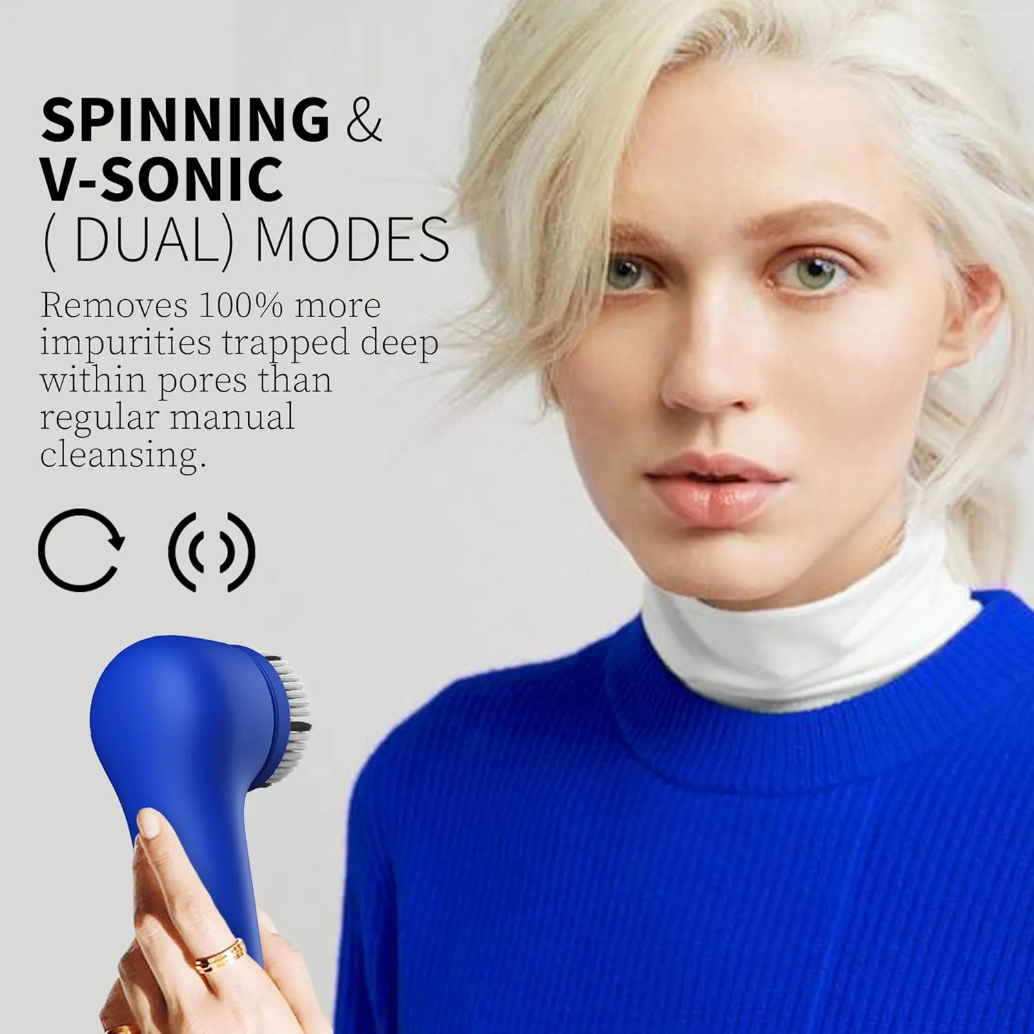 Spinning & V-Sonic Face Scrubber, NågraCoola 3.0 Facial Cleansing Brush, Waterproof & Rechargeable Face Scrub Brush for Men & Women with 3 Brushes, 3 Intensities, 2 Action Modes - Blue