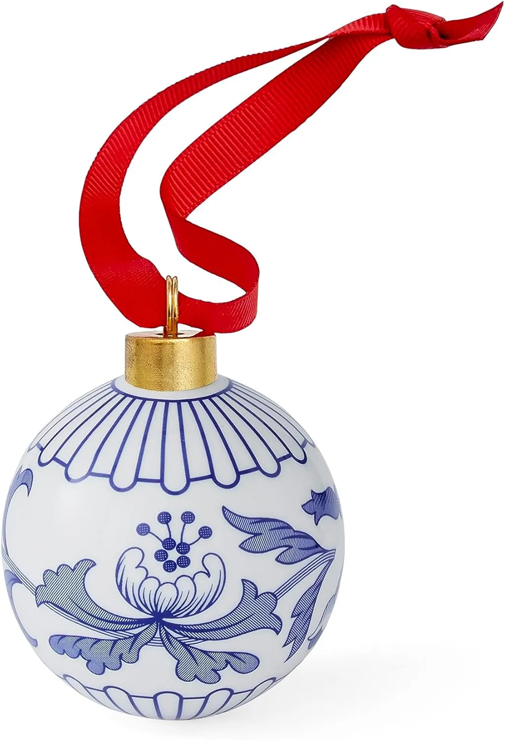 Spode Roll Over Image to Zoom in Spode Blue Italian Florals Bauble | Festive Porcelain Ornament with Red Ribbon - Hanging Ornament for Christmas Tree - Made of Porcelain (2.6-Inch)