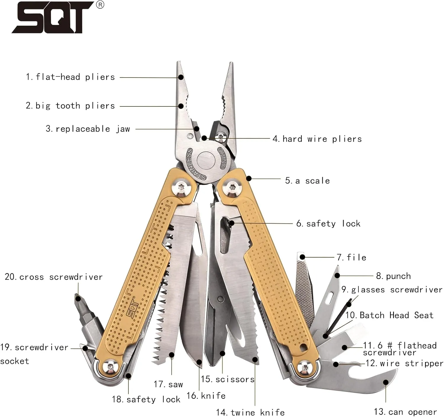 SQT2048 20-in-1 Multitool, Gifts for Men, Foldable & Self-Locking, Professional Multitool for DIY, Outdoor Camping, and Home Repairs, Gold