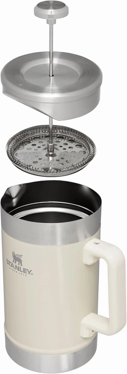 Stanley Classic Stay-Hot French Press Coffee Maker 48 oz | 5 Minute Brew, 4 Hours Hot | Mesh Filter for Coffee Grounds | Insulated Stainless Steel French Press | BPA-Free | Cream Gloss