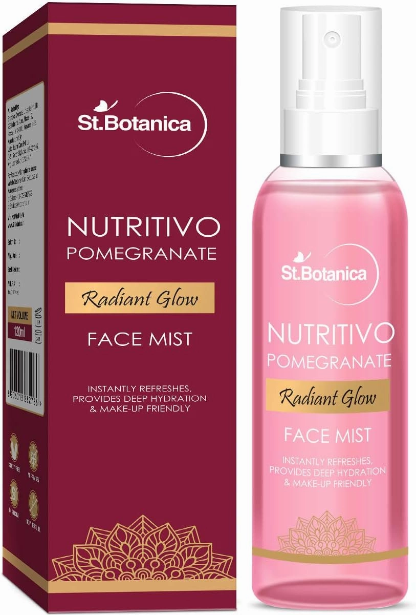 StBotanica NUTRITIVO Pomegranate Radiant Glow Face Mist, 120ml - Instantly Refreshes, Makeup Friendly - With Vitamin C, B3, Witch Hazel, Hyaluronic Acid, Saffron, Turmeric