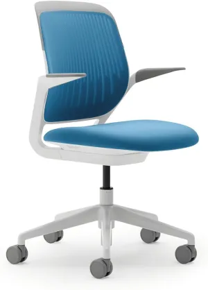 Steelcase Cobi Office Chair: Arms with Soft Arm Caps, White Frame, and Blue Jay Fabric with Standard Carpet Casters