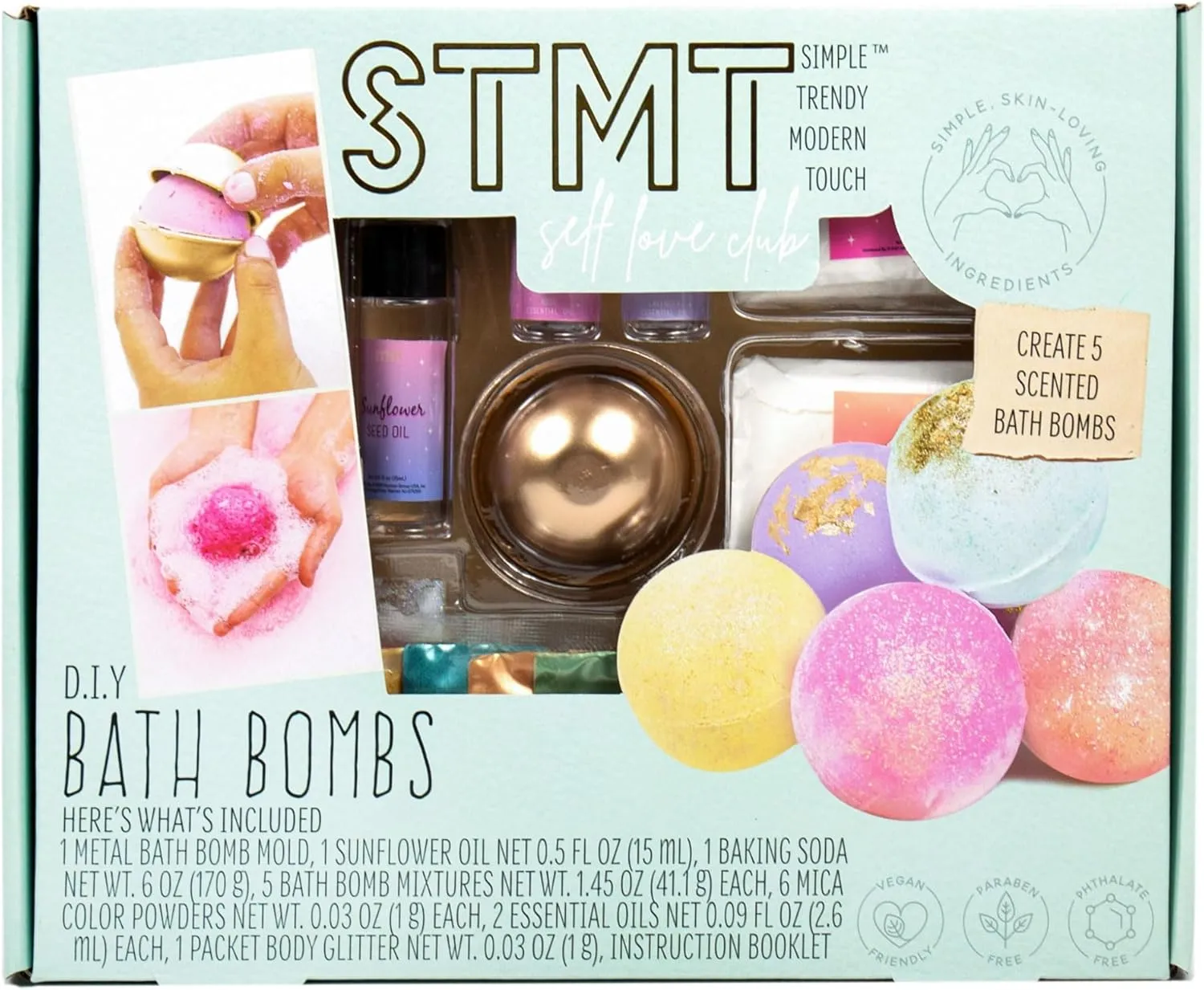 STMT Self-Love Club D.I.Y. Bath Bombs by Horizon Group USA, Create 5 Bath Bombs with Pastel Colors, Essential Oils & Clean Beauty Ingredients, DIY Bath Bomb Kit