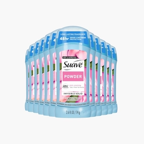 Suave Antiperspirant Deodorant For Women, Invisible, Underarm Deodorant, 48hr Odor & Wetness Protection, Long Lasting Powder, Sensitive Skin Deodorant Solid Stick, 2.6 oz (12 Bulk Pack)
