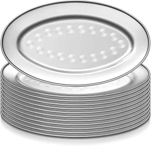 Suclain 12 Pcs Stainless Steel Oval Platter 13.8 Inch by 8.5 Inch Large Serving Platter Silver Serving Tray Heavy Duty Mirror Polish Sizzling Plate with Swirl Pattern for Fish Dessert Meat Sushi